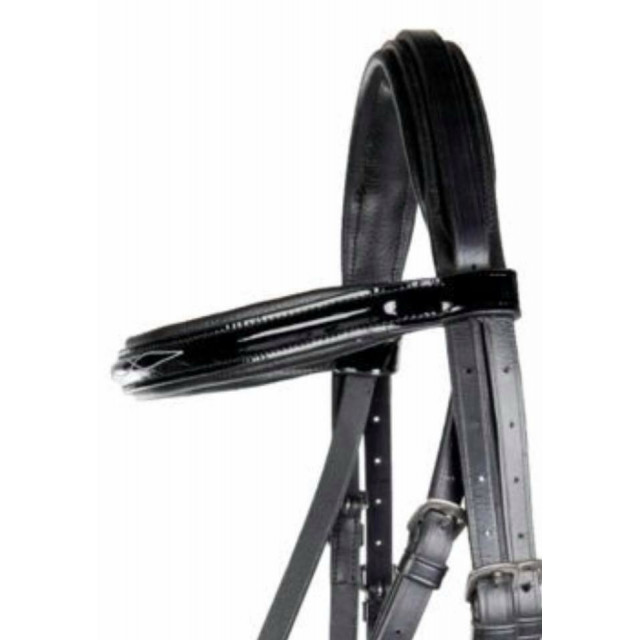 Bridon type dressage cuir + cuir verni Noir dessins coutures blanches taille cheval Neuf avec rênes