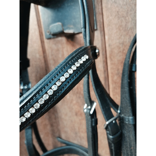 Bridon strass cuir noir avec rênes sangles Cob
