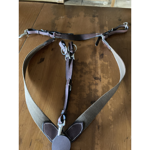 Martingale 5 points / collier de chasse en cuir et élastique. Marron, taille Poney.