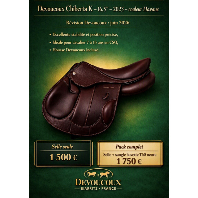 DEVOUCOUX Selle Chiberta K 16.5 Havane - 2023- contrôlée 06/2026