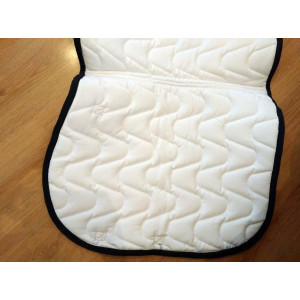Tapis de selle HKM pro team, taille cheval, blanc, liseré bleu marine, cordelette argent.