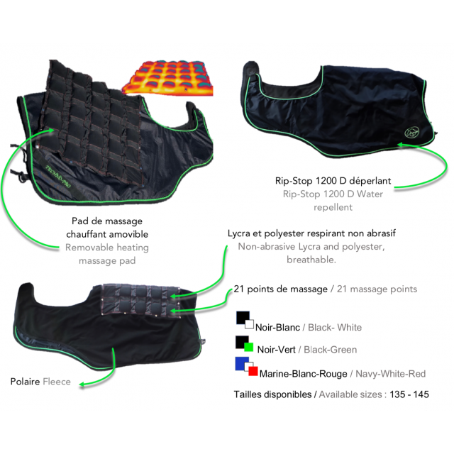 Couvre-reins Techno-Pro avec pad de massage et de chauffe Noir-Blanc