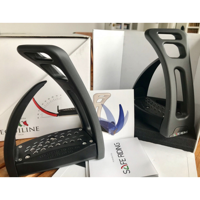 ETRIERS de sécurité NEUFS EQUILINE Safe Riding Meteor Grey et Black Onyx
