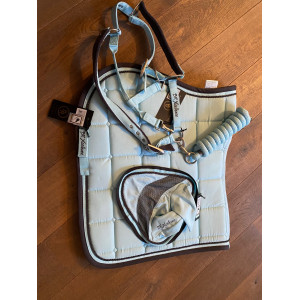Ensemble bleu clair BR tapis, bonnet, licol, longe.