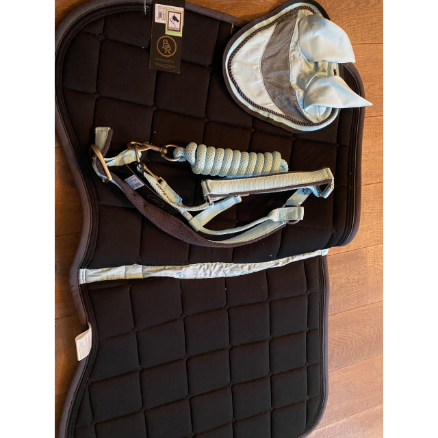 Ensemble bleu clair BR tapis, bonnet, licol, longe.