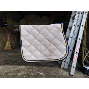 Tapis beige liseré bleu marine et doré - peu utilisé