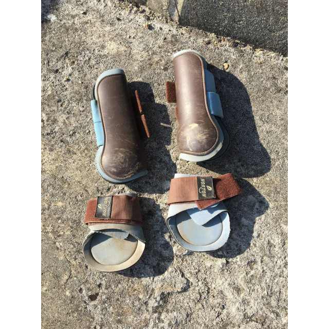 Ensemble guêtres et protèges boulets bleu ciel / cholocat taille cheval