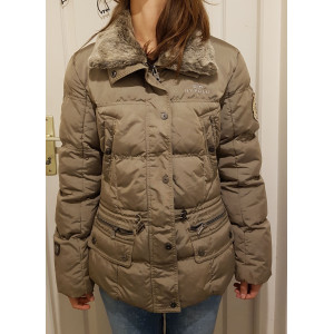 Manteau doudoune blouson hv polo S beige doré fourrure