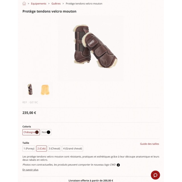 Guettre antérieur et postérieur velcro mouton taille 2 (cob)