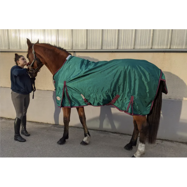Couverture de box taille cheval verte et bordeaux