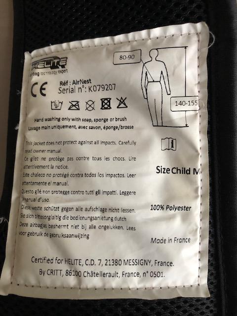 Air Bag gilet de protection Enfant - Ado Taille M