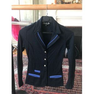 Veste d'équitation concours marque Spooks bleu marine avec liseré bleu clair- taille S (soit 34 / 14 ans )