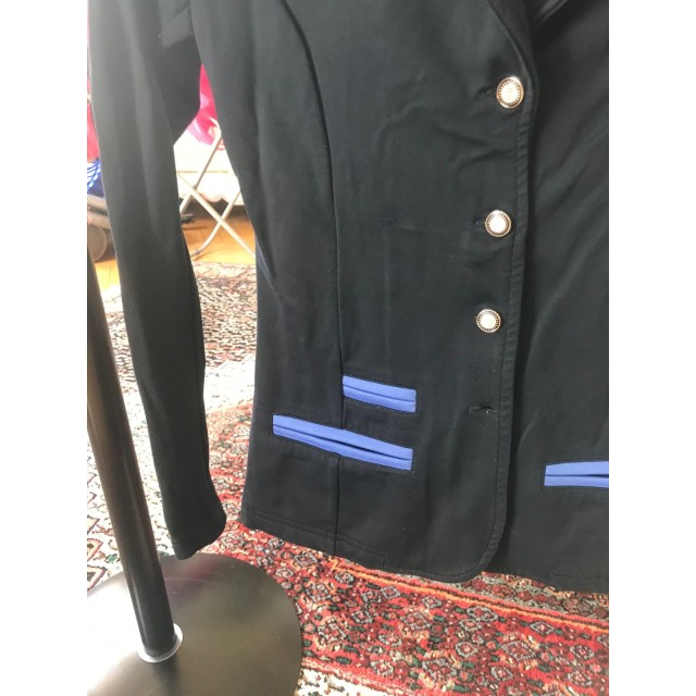 Veste d'équitation concours marque Spooks bleu marine avec liseré bleu clair- taille S (soit 34 / 14 ans )